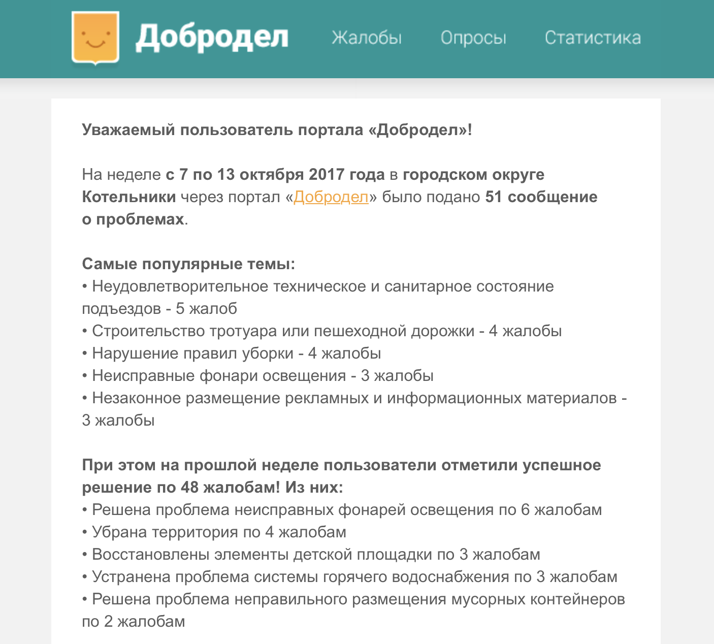 Как написать жалобу в добродел московская область образец